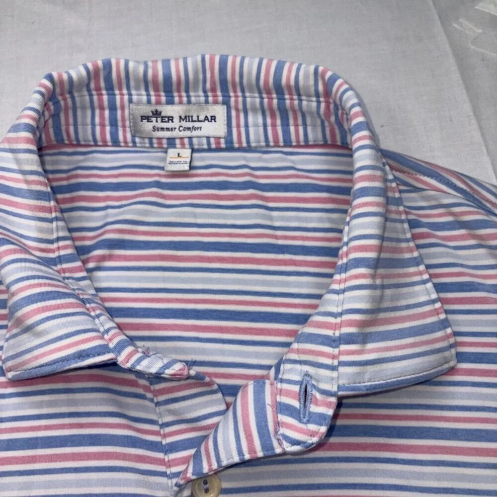 Peter Millar Summer Comfort Blue and Pink Stripe Short Sleeve Polo size Large